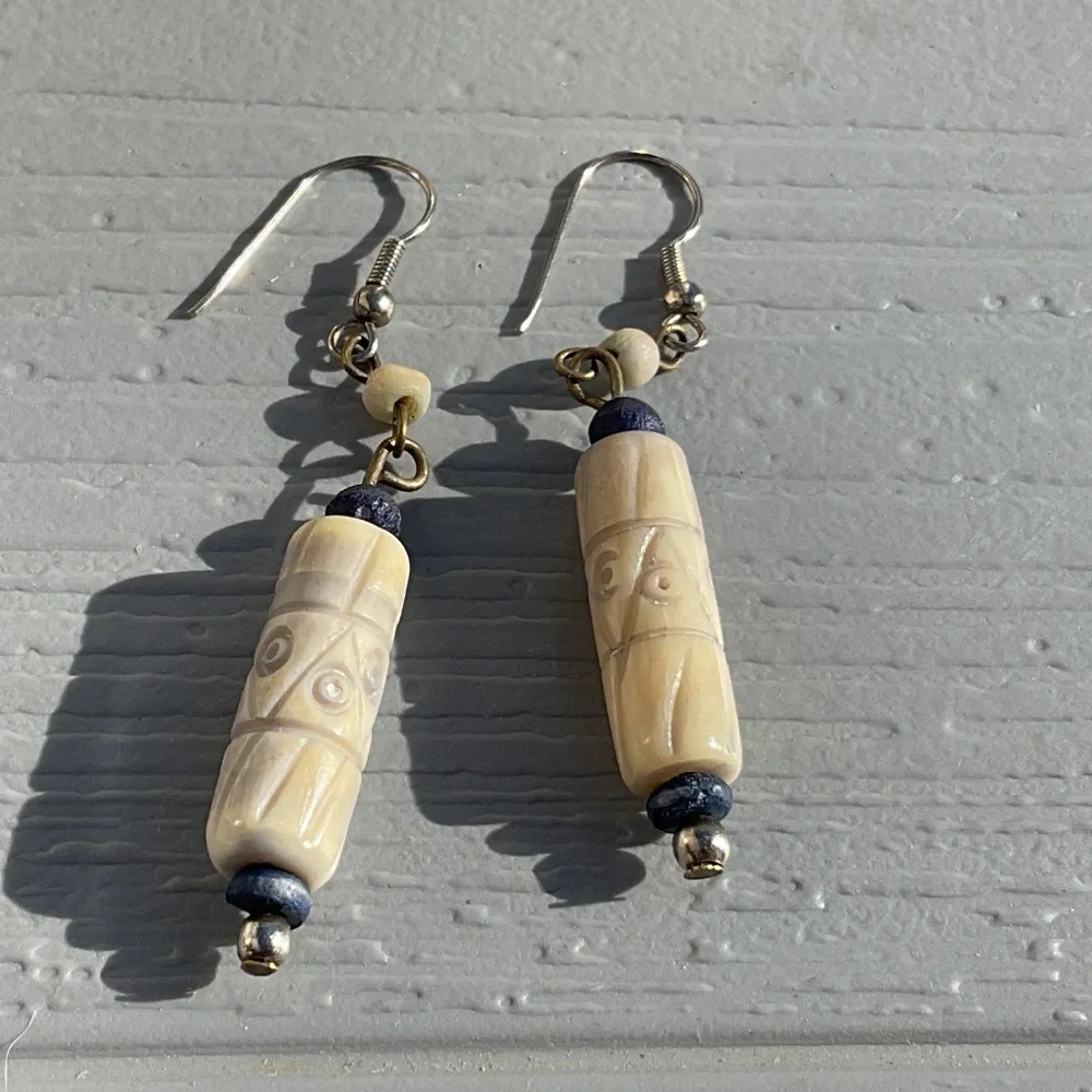Dangle Earrings Carved beads pierced 2” long